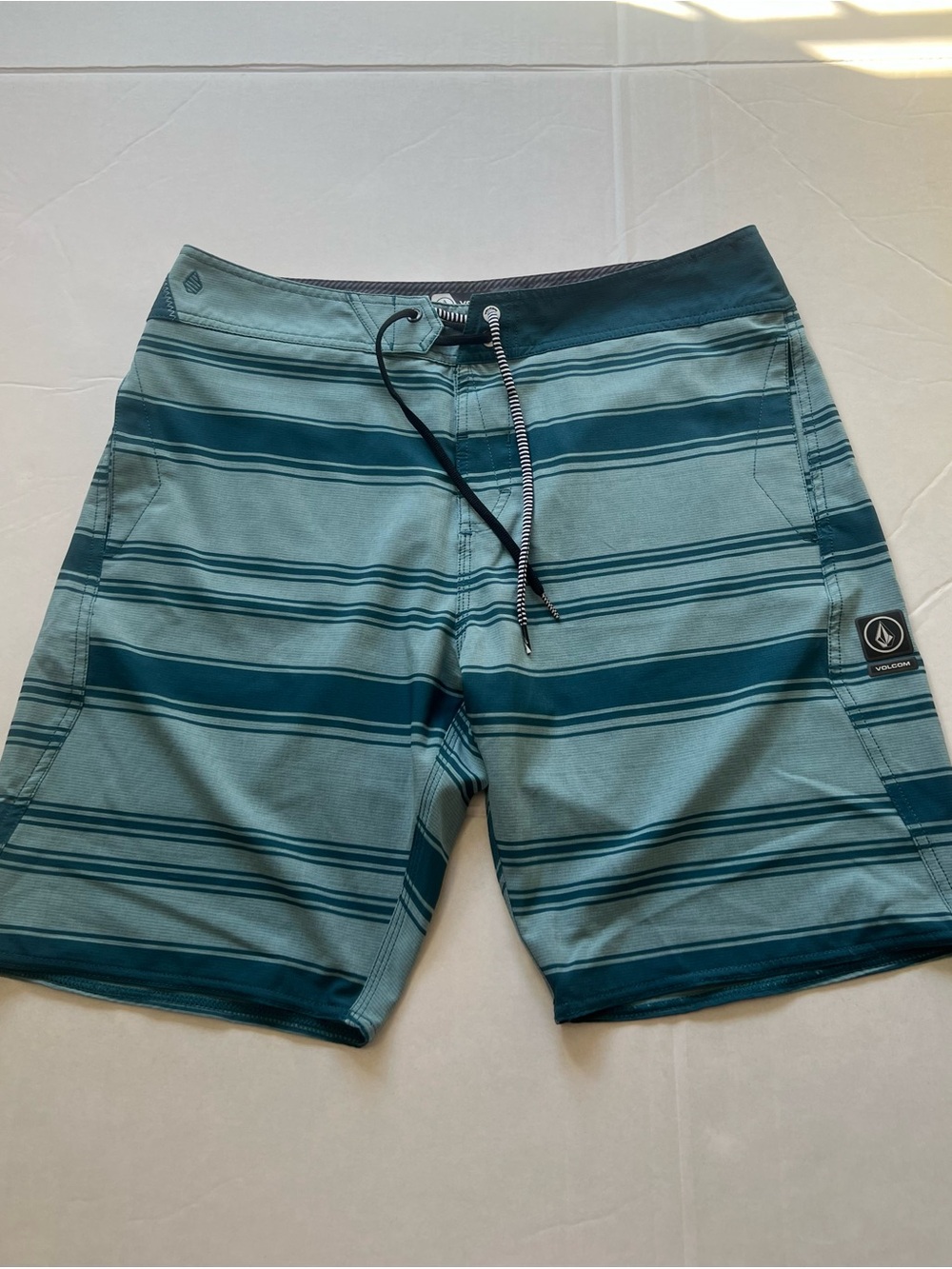 Volcom Men's Teal and Dark Teal Striped Board Shorts